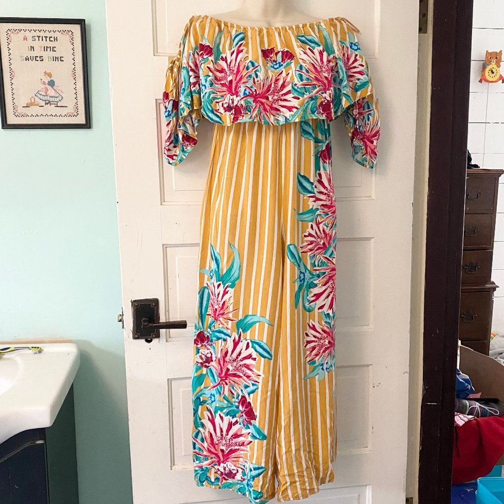 Flying Tomato Yellow Striped Off-Shoulder Floral Maxi Jumpsuit